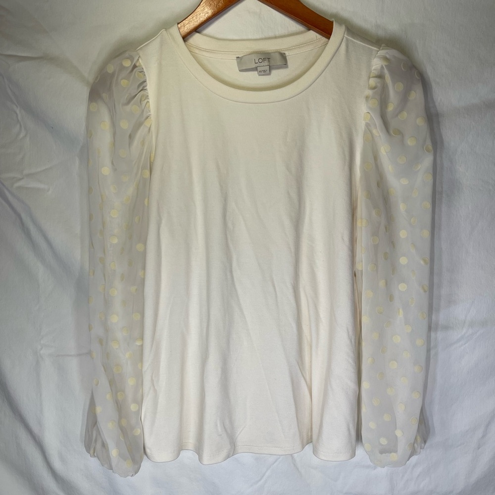 LOFT cream top SMALL polka dot puff sleeves